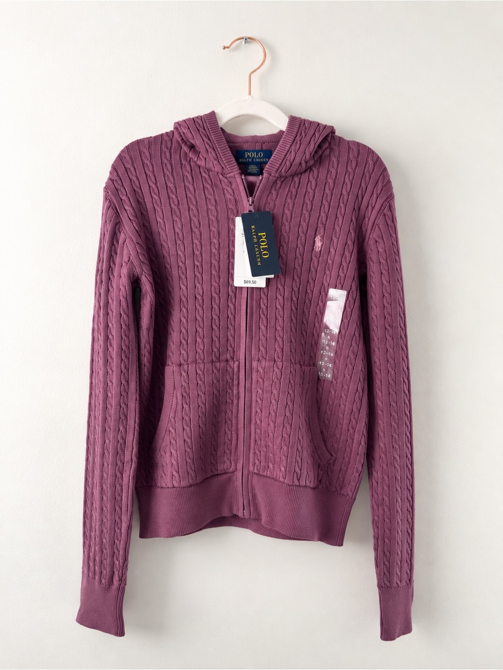 NWT Polo Ralph Lauren Girls Purple Cable Knit Zip Hoodie L 12-14